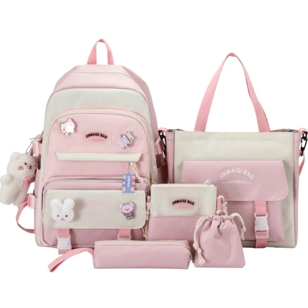 Pink and Cream Kids Backpack Set 5 piece kawaii school backpack cute women's bag